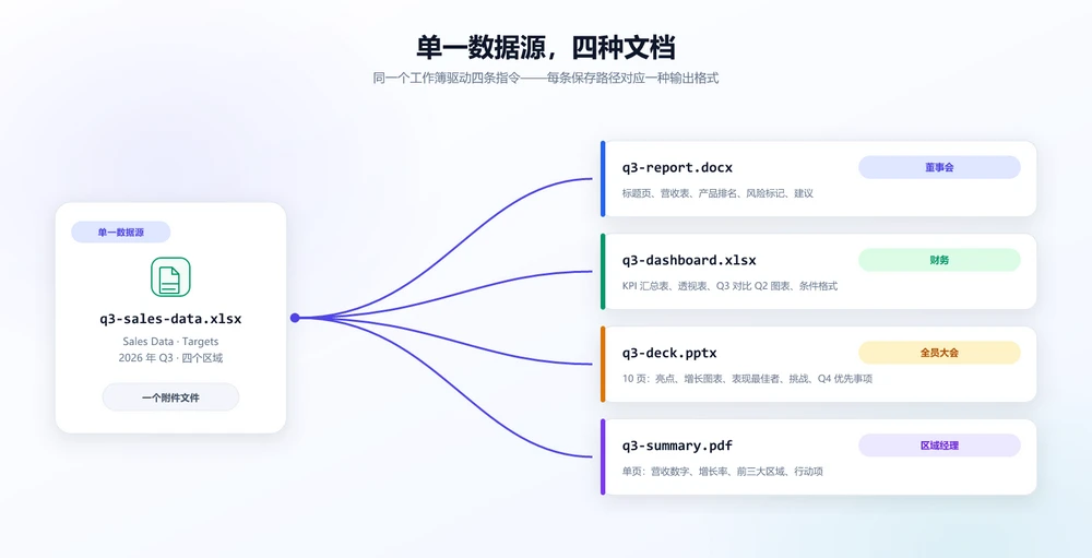 一份 Excel 数据源生成四种 AI 文档:Word 高管报告、Excel 仪表盘、PowerPoint 演示文稿和 PDF 一页摘要