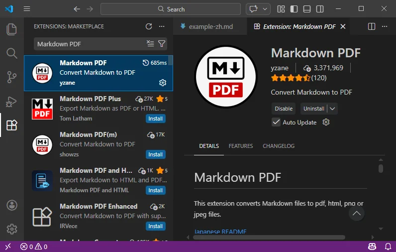 在 VS Code中搜索并安装Markdown PDF插件
