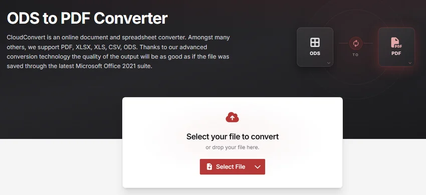 CloudConvert ODS 转 PDF 转换页面中的 Select File 文件上传按钮