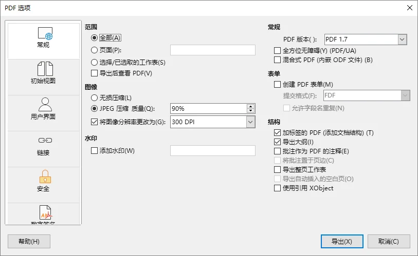 LibreOffice Calc 的 PDF 选项对话框中已在范围设置下选择“全部”以导出 ODS 文件