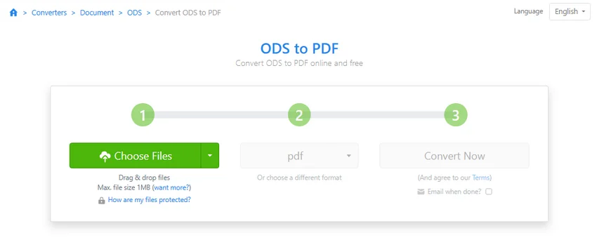 Zamzar ODS 转 PDF 转换页面中的 Choose Files 文件上传按钮