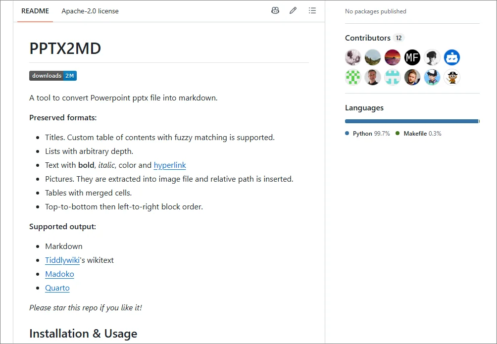 pptx2md GitHub 仓库页面