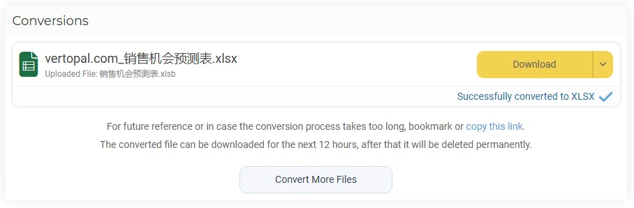 Vertopal XLSB 转 XLSX 转换完成后提供文件下载的页面