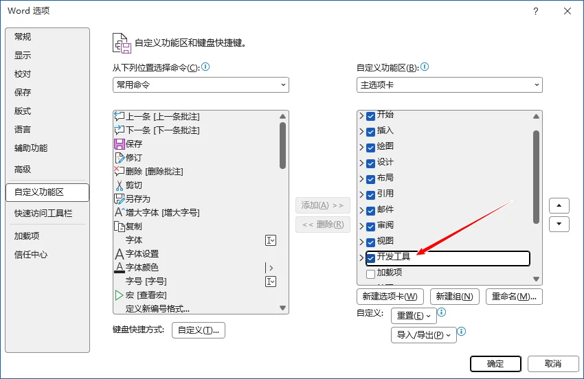 在 Word 选项对话框中启用开发工具选项卡