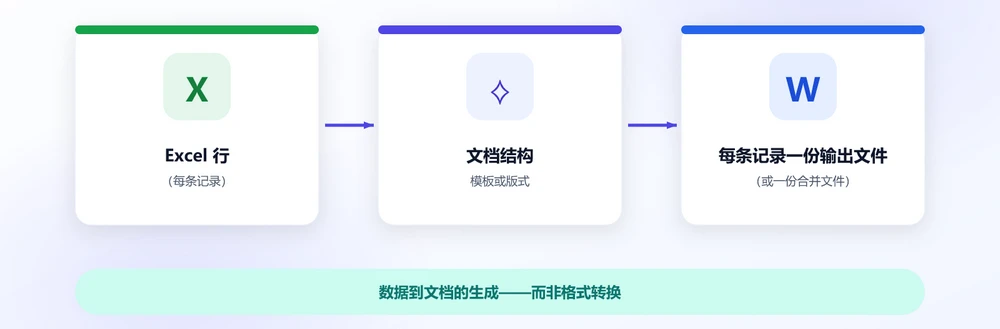 Excel 行(每行一条记录)先转化为文档结构,再按记录输出独立文件(或合并为一个文件)——从 Excel 数据生成 Word 文档的典型形态