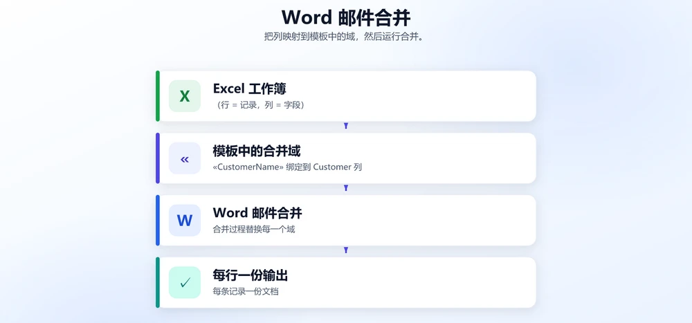 从 Excel 到 Word 的邮件合并:Excel 工作簿(行=记录,列=字段)为 .docx 模板中的合并域提供数据,合并后按行输出一份文档