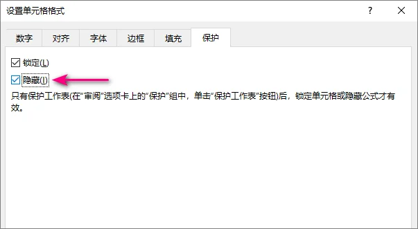 Excel 设置单元格格式对话框的保护选项卡中已勾选隐藏